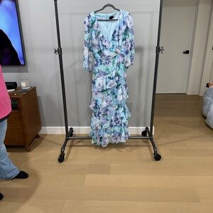 Laura Floral Ruffle Maxi Dress in Lavender and Aqua